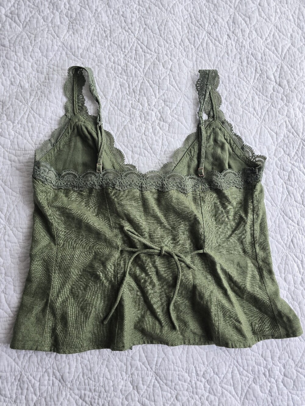 Abercrombie & Fitch Lace-Trim Tie Front Linen Blend Peplum Cami Top Green - Picture 7 of 12
